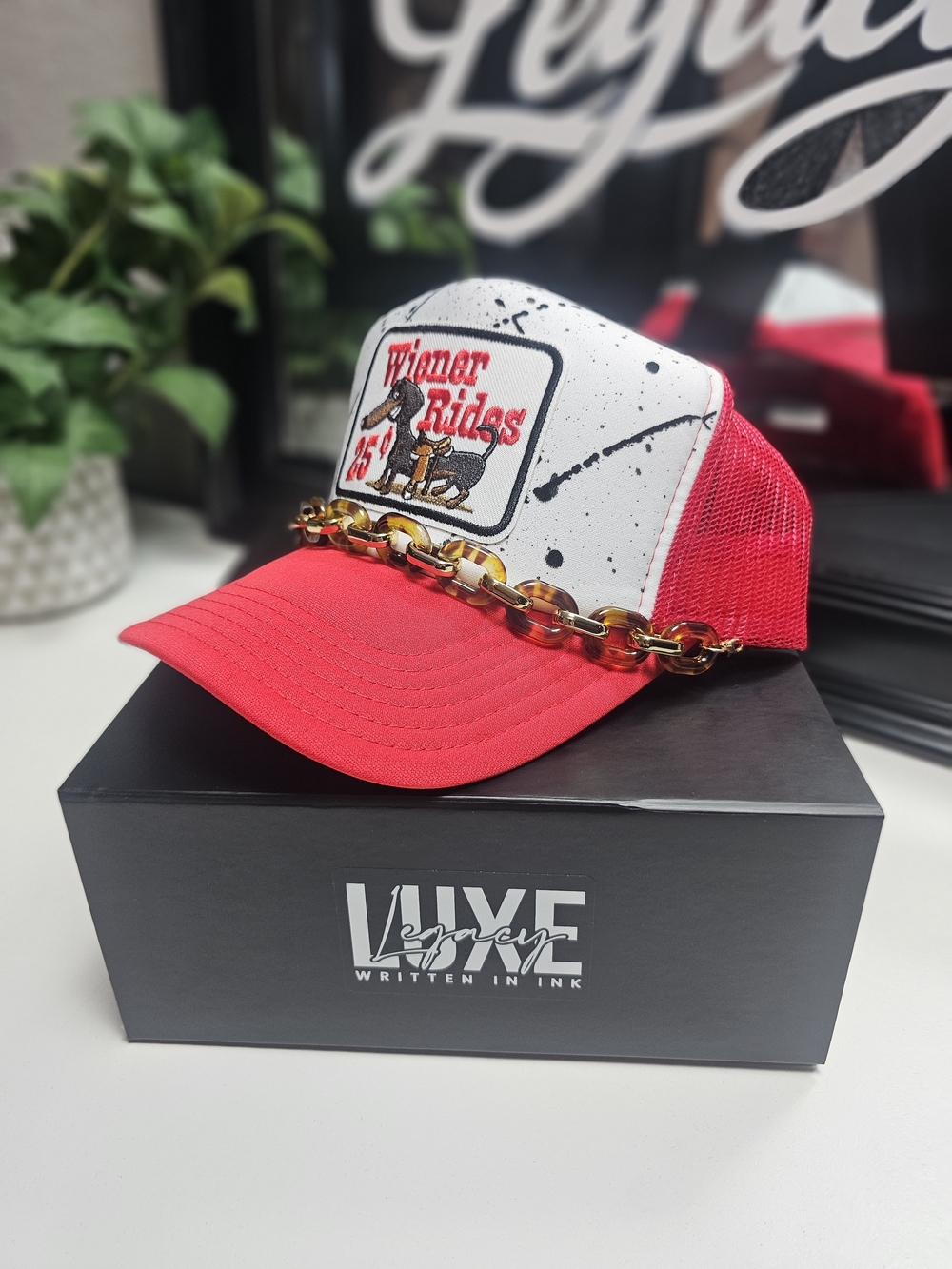 Custom Wiener Rides Red & White Trucker Hat with Tortoiseshell Chain
